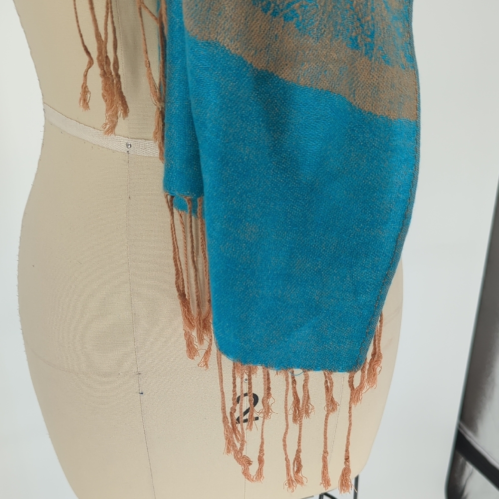00839 Pashmina Paisley Fringe Scarf Turquoise Tan preppy spring fall classic - Picture 5 of 6